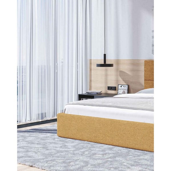 Okrově žlutá čalouněná dvoulůžková postel s úložným prostorem s roštem 180x200 cm Bufo – MESONICA-image-4