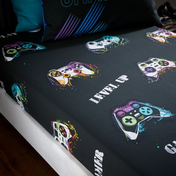 Černé napínací dětské prostěradlo na dvoulůžko 135x190 cm Game Over – Catherine Lansfield-image-1