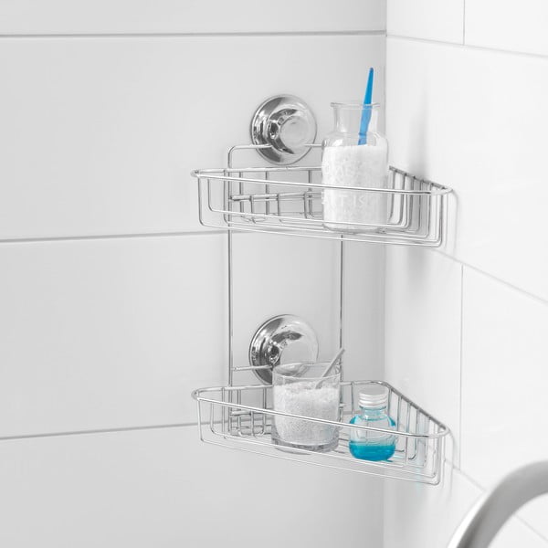 Rohová samodržící kovová koupelnová polička ve stříbrné barvě Bestlock Bath – Compactor-image-1