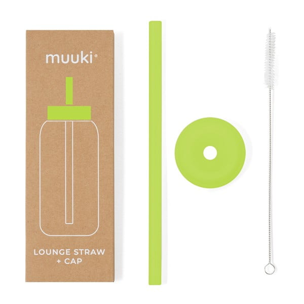 Silikonové brčko s čistícím kartáčkem/s víčkem Electric Lime – Muuki