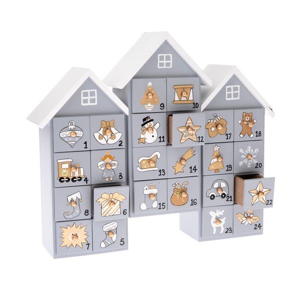 Šedý dřevěný adventní kalendář ve tvaru domečků Dakls, výška 21,5 cm