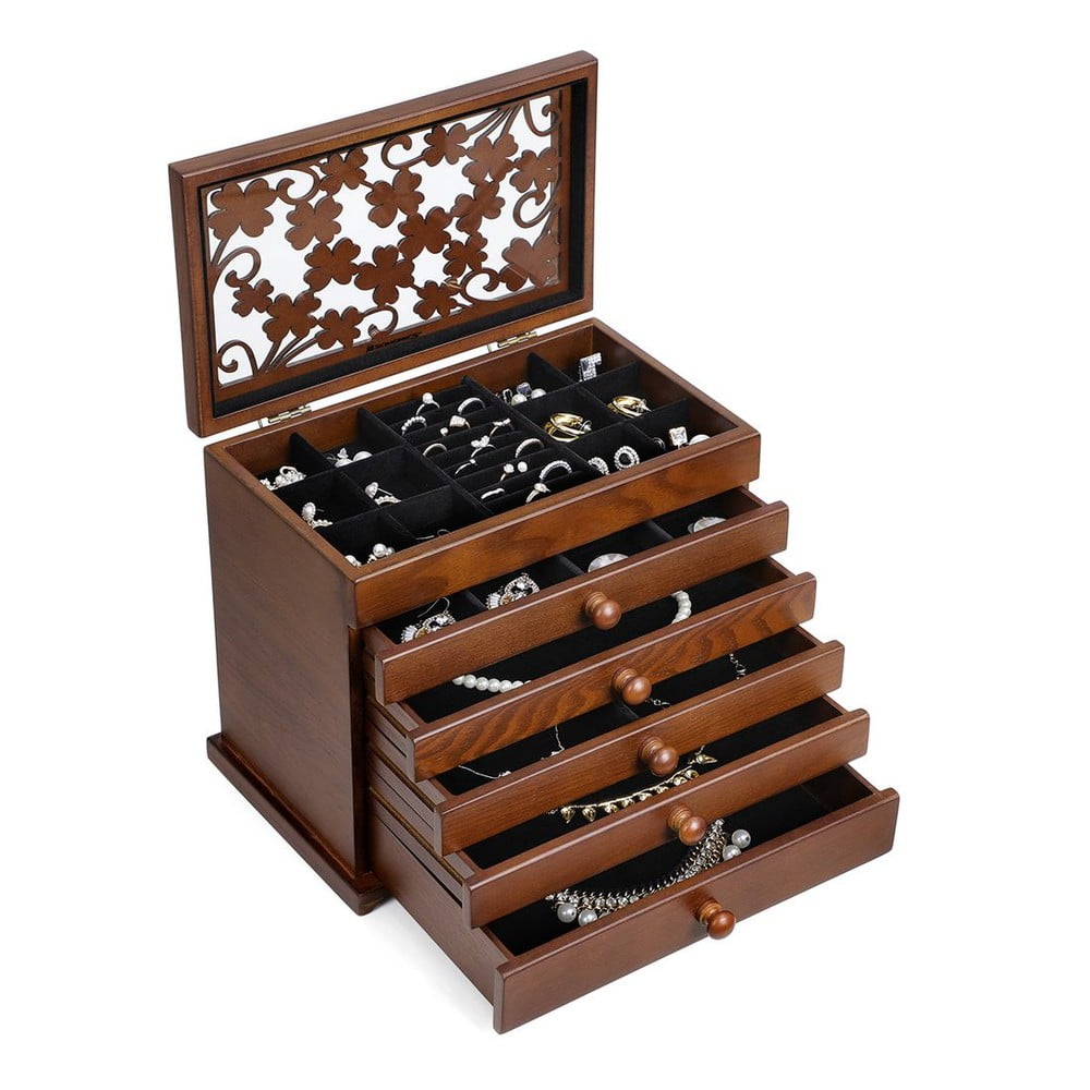 Dřevěná šperkovnice s 5 zásuvkami Songmics
