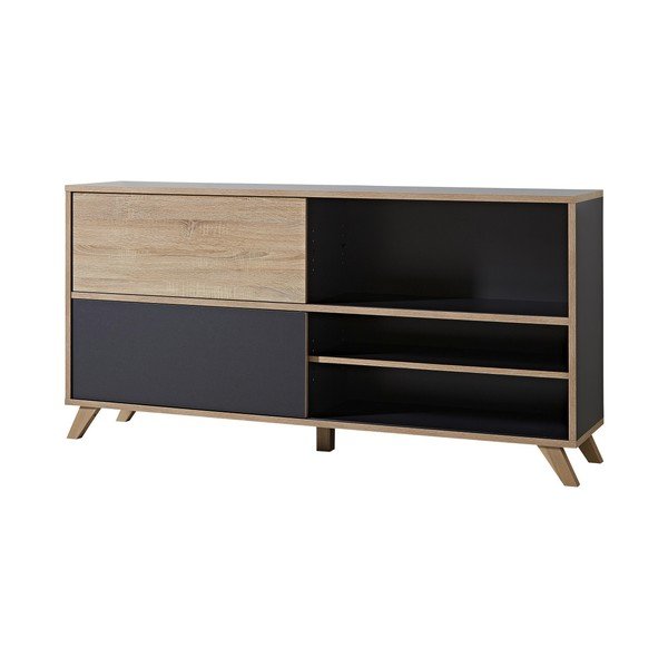 Široká černá komoda s posuvnými dveřmi s detaily v dekoru dubového dřeva Germania Calvi-image-1