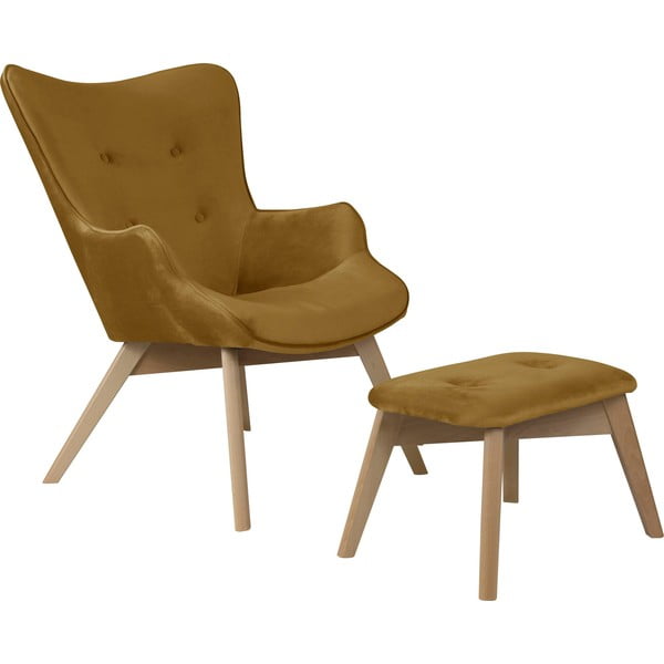Sametové křeslo s podnožkou v hořčicové barvě Niko – Ropez