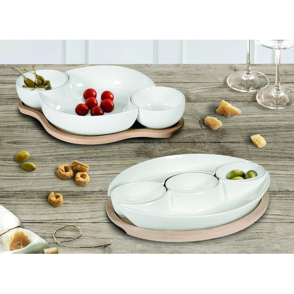Sada 5 bílých servírovacích misek z porcelánu na bambusovém podnosu Brandani Plait-image-1