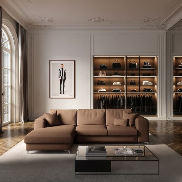 Hnědá sametová rozkládací/s úložným prostorem rohová pohovka (levý roh/s lenoškou) Rene – Rodier-image-1