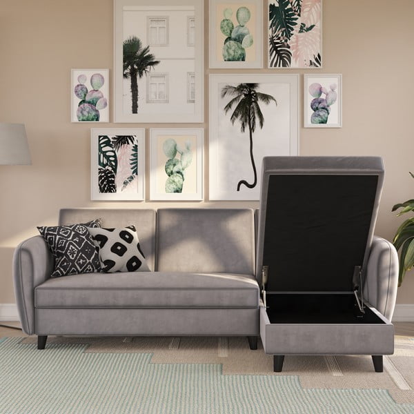 Šedá sametová rozkládací rohová pohovka Perry – Støraa-image-1