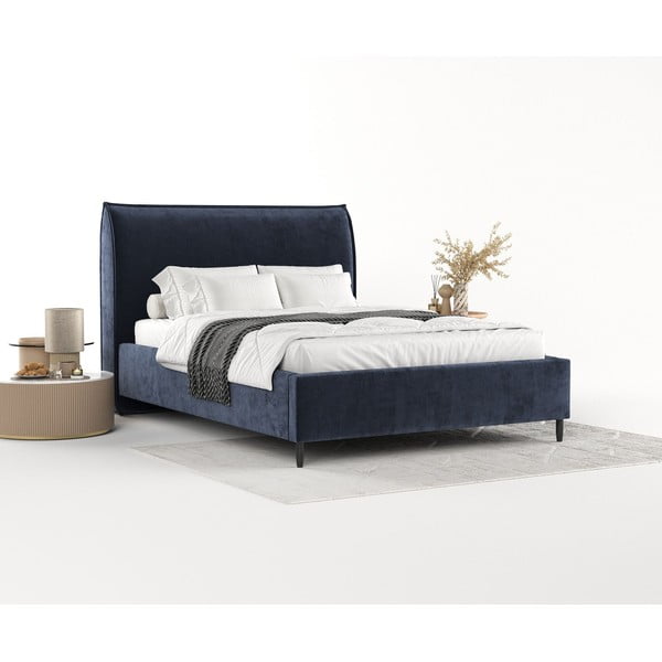 Tmavě modrá čalouněná dvoulůžková postel s úložným prostorem s roštem 180x200 cm Shell – Maison de Rêve-image-2
