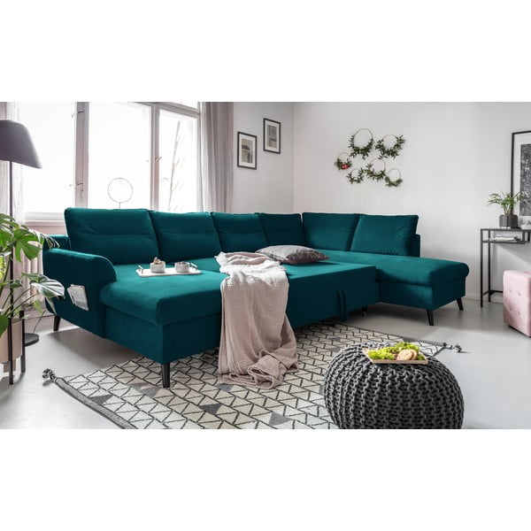 Tyrkysová sametová rozkládací pohovka do "U" Miuform Stylish Stan, pravý roh-image-4