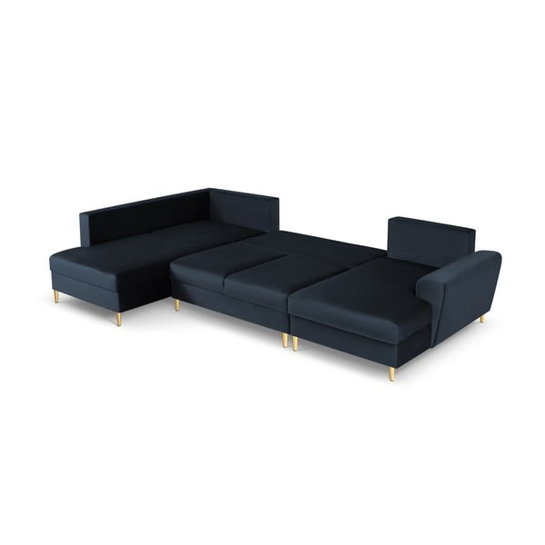 Tmavě modrá sametová rozkládací/s úložným prostorem rohová pohovka (levý roh/do "U") Kyoto – Cosmopolitan Design-image-2