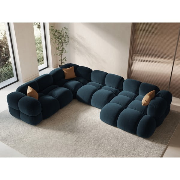 Tmavě modrá sametová rohová pohovka (levý roh/do "U") Loretto – Cosmopolitan Design-image-1