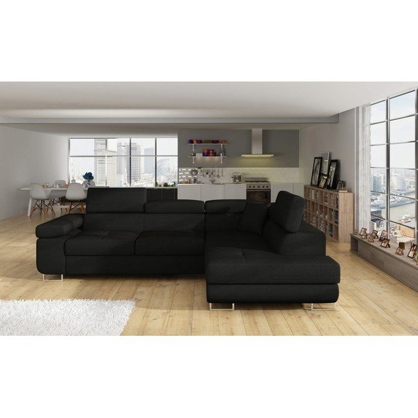 Černá rozkládací/s úložným prostorem rohová pohovka (pravý roh/do L) Anton – ELTAP-image-1