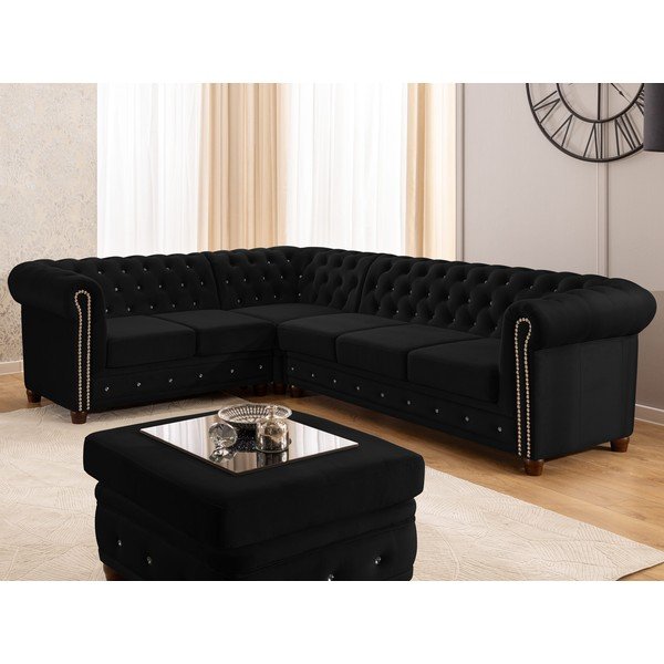 Černá sametová rozkládací rohová pohovka (levý roh/do L) York Blik – Ropez-image-4