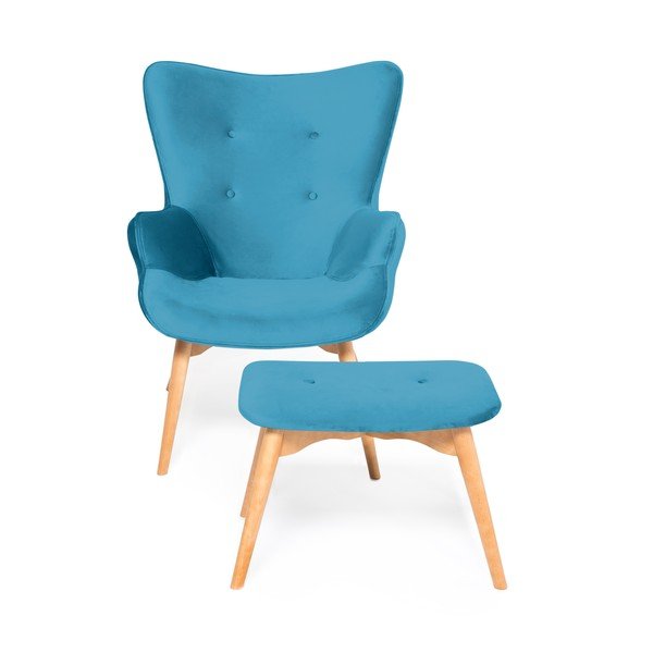 Akvamarínově modré křeslo a podnožka s podnoží v přírodní barvě Vivonita Cora Velvet-image-2