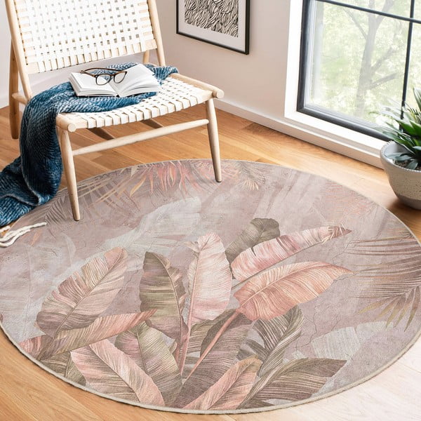 Světle růžový pratelný kulatý koberec ø 100 cm Dusty Leaves – Mila Home-image-4