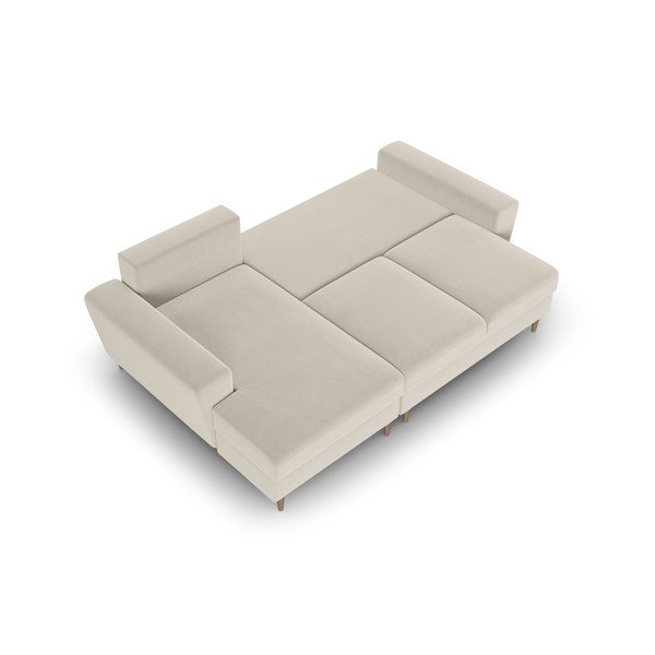 Béžová sametová rozkládací/s úložným prostorem rohová pohovka (levý roh/s lenoškou) Kyoto – Cosmopolitan Design-image-2