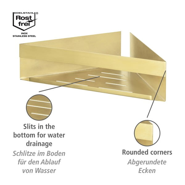 Rohová samodržící koupelnová polička z nerezové oceli ve zlaté barvě Genova – Wenko-image-4