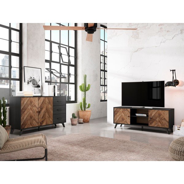 Černý TV stolek v dekoru ořechu 136x53 cm Chevrons - Marckeric-image-1