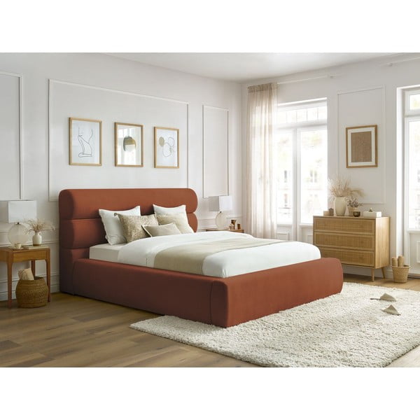 Oranžová čalouněná dvoulůžková postel s úložným prostorem s roštem 160x200 cm Jagna – Bobochic Paris-image-1