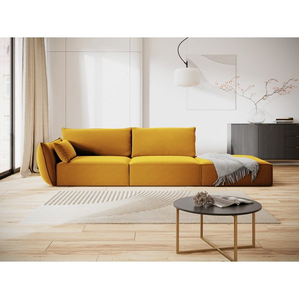 Sametová pohovka v hořčicové barvě levý roh 264 cm Vanda – Mazzini Sofas-image-1