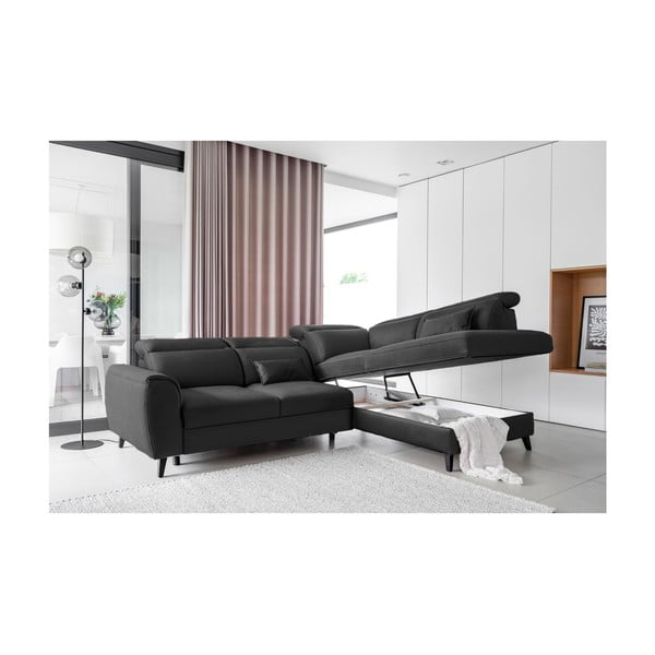 Tmavě šedá sametová rozkládací/s úložným prostorem rohová pohovka (pravý roh/do L) Noble – ELTAP-image-3