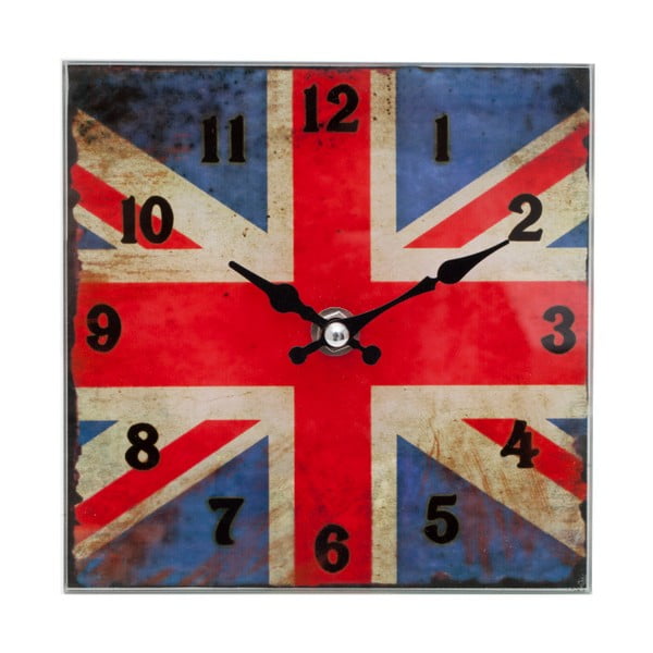 Čtvercové nástěnné hodiny s motivem anglické vlajky, 15 x 15 cm