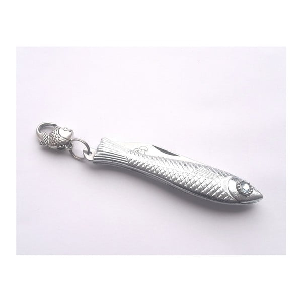 Český nožík rybička ve stříbrné barvě s modrým okem a nápisem Na Hřiby v designu od Alexandry Dětinské-image-1