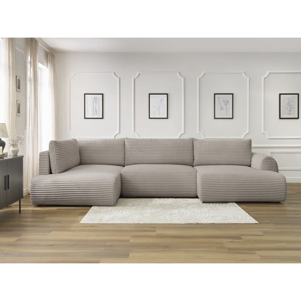 Světle šedá/béžová manšestrová rozkládací/s úložným prostorem rohová pohovka (levý roh/do "U") Lucien – Bobochic Paris-image-1