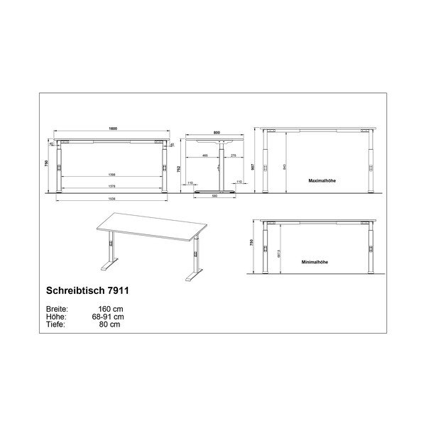 Polohovací pracovní stůl s deskou v dubovém dekoru 80x160 cm Downey – Germania-image-3