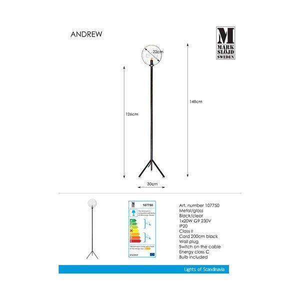 Černá stojací lampa Markslöjd Andrew Floor Black-image-2
