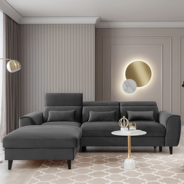 Tmavě šedá sametová rozkládací/s úložným prostorem rohová pohovka (levý roh/s lenoškou) Foble – ELTAP-image-1