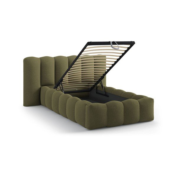 Khaki čalouněná jednolůžková postel s úložným prostorem s roštem 90x200 cm Lupine – Micadoni -image-1