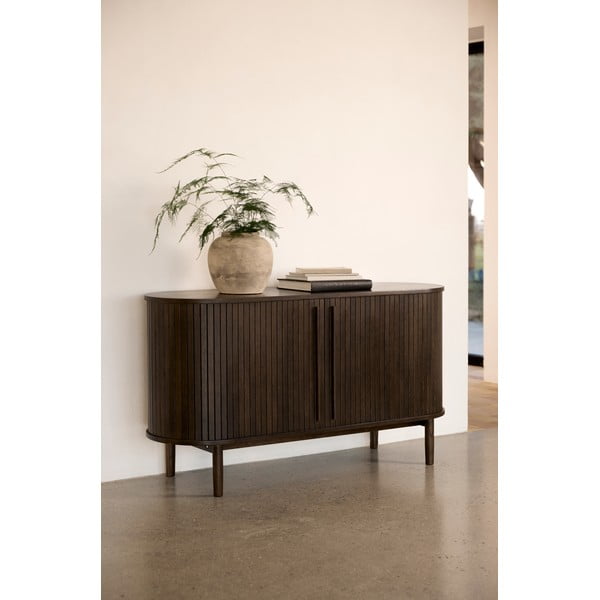 Hnědá komoda v dekoru dubu s posuvnými dveřmi 140x76x45 cm Meta – Unique Furniture-image-1