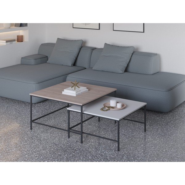 Bílé/přírodní konferenční stolky s deskou v dubovém dekoru v sadě 2 ks 80x80 cm Fiorenza – Marckeric-image-1