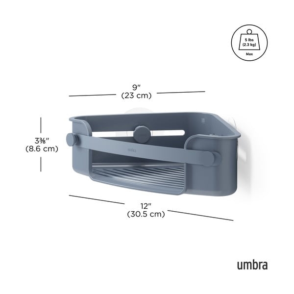 Rohová modrá koupelnová polička z recyklovaného plastu bez vrtání Flex – Umbra-image-4