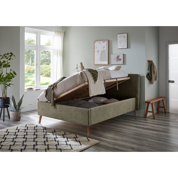 Tmavě zelená čalouněná dvoulůžková postel s úložným prostorem s roštem 140x200 cm Riva – Meise Möbel-image-3