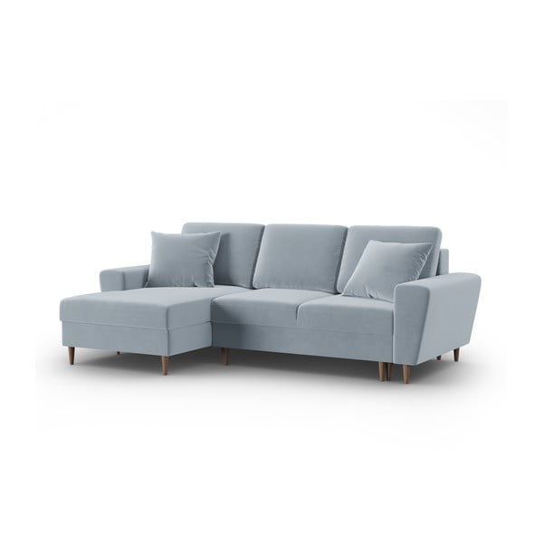 Světle modrá sametová rozkládací/s úložným prostorem rohová pohovka (levý roh/s lenoškou) Kyoto – Cosmopolitan Design-image-4