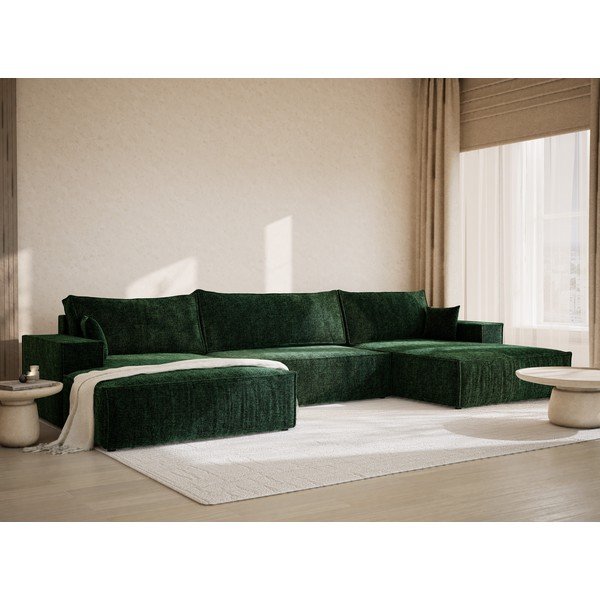 Tmavě zelená žinylková rozkládací/s úložným prostorem rohová pohovka (do "U") Kyoto – Maison de Rêve-image-1