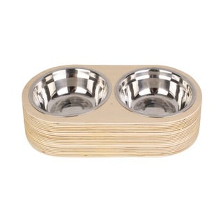 Sada 2 kovových misek ve světlém dřevěném podstavci PT LIVING Pet, šířka 15,6 cm