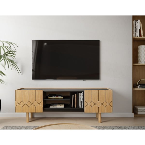 Černý/přírodní TV stolek v dekoru dubu 175x60 cm Porto – Woodman-image-1