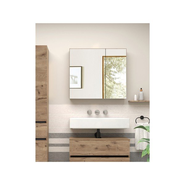 Závěsná koupelnová skříňka se zrcadlem v dekoru dubu v přírodní barvě 80x70 cm Wisla – Støraa-image-3