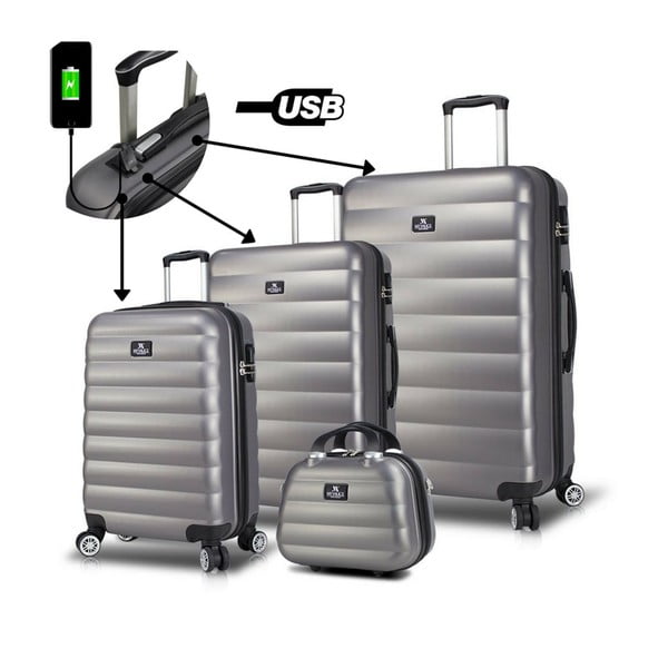 Sada 3 šedých cestovních kufrů na kolečkách s USB porty a příručního kufříku My Valice RESSO Travel Set