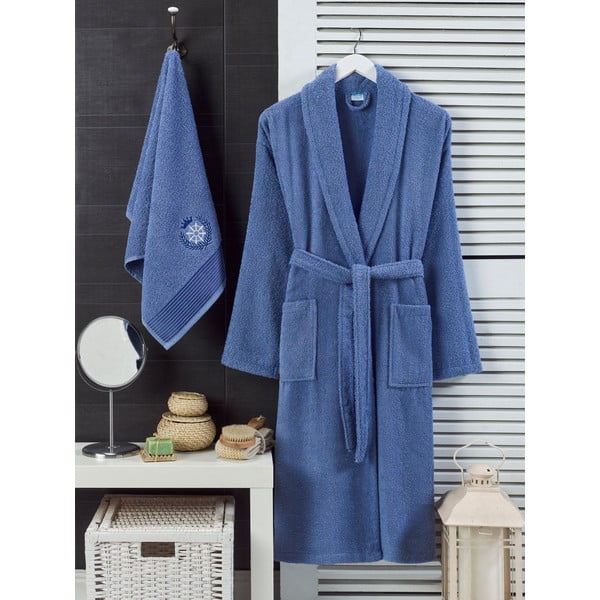 Modrý bavlněný župan a ručník v sadě velikost S/M – Mila Home