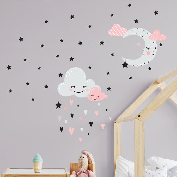 Růžová nástěnná samolepka Ambiance Moon And Clouds Love In The Stars-image-1