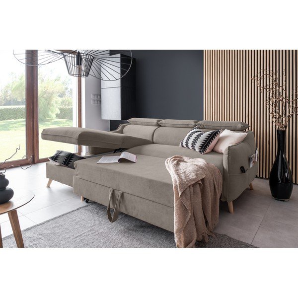 Světle hnědá sametová rozkládací rohová pohovka (levý roh) Sweet Harmony – Miuform-image-4