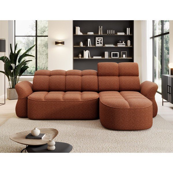 Sametová rozkládací/s úložným prostorem rohová pohovka v terakotové barvě (pravý roh/s lenoškou) Beneth – ELTAP-image-1