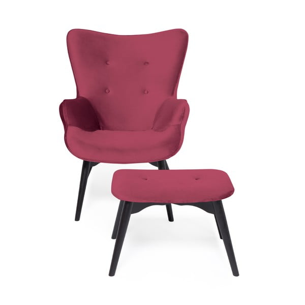 Růžovočervené křeslo a podnožka s podnoží v černé barvě Vivonita Cora Velvet-image-2