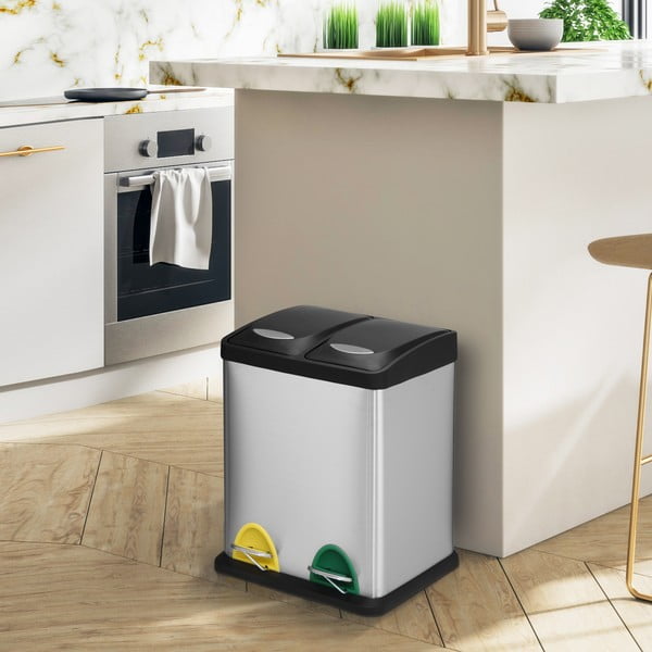 Ocelový odpadkový koš 2x8 l na tříděný odpad/nášlapný v matně stříbrné barvě   Tri Selectif – MSV-image-1