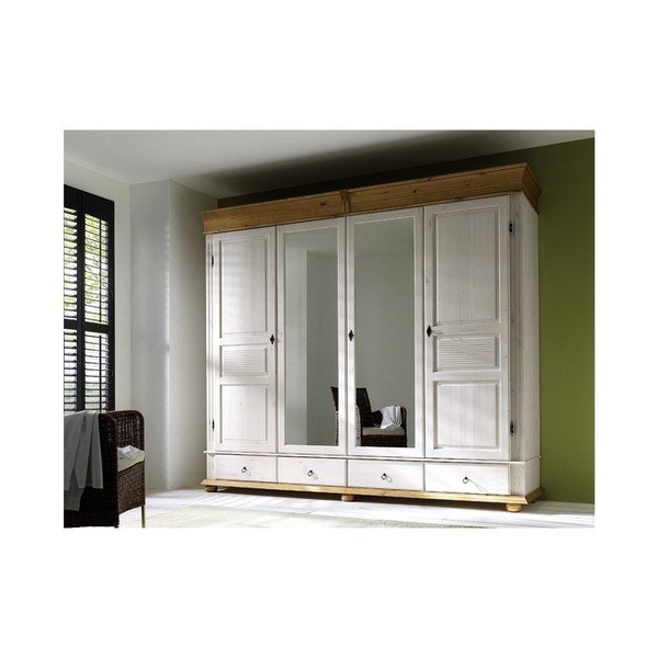 Bílá čtyřdveřová šatní skříň z borovicového dřeva SOB Harald