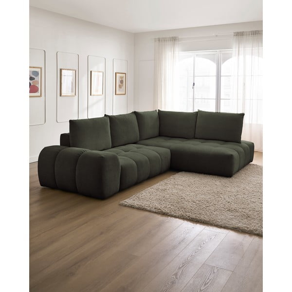 Zelená žinylková rozkládací/s úložným prostorem rohová pohovka (pravý roh/do L) Everest – Bobochic Paris-image-1